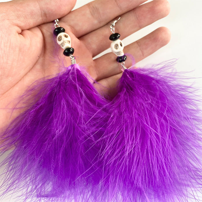 Halloween Skull Feather Earrings with Gothic Black and Red Design