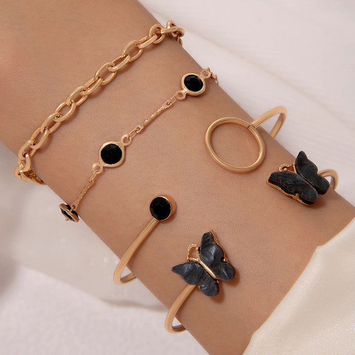 Stylish Black Butterfly Gemstone Bracelet Set - Geometric Heart Four-Piece Jewelry Set