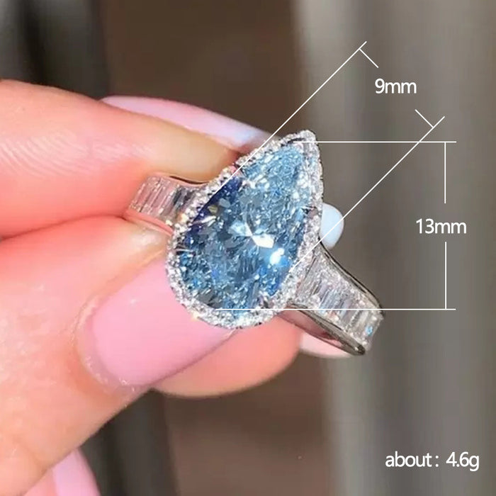 Sea blue teardrop engagement ring internet celebrity diamond female ring