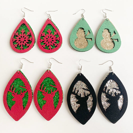 Christmas Teardrop Double-Layer Glitter Leather Earrings with Snowman and Reindeer