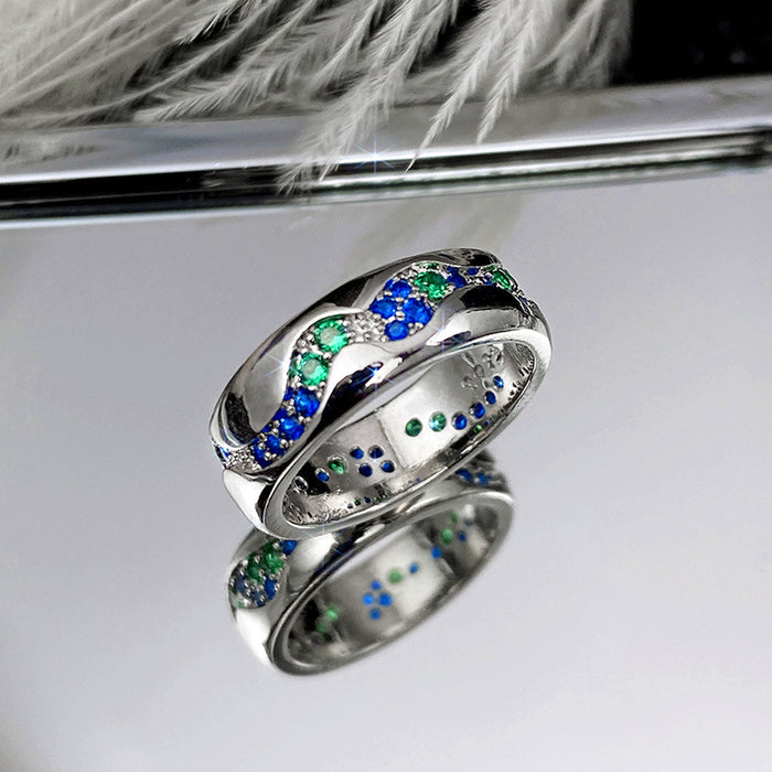 Blue green zircon couple ring simple innovative ring