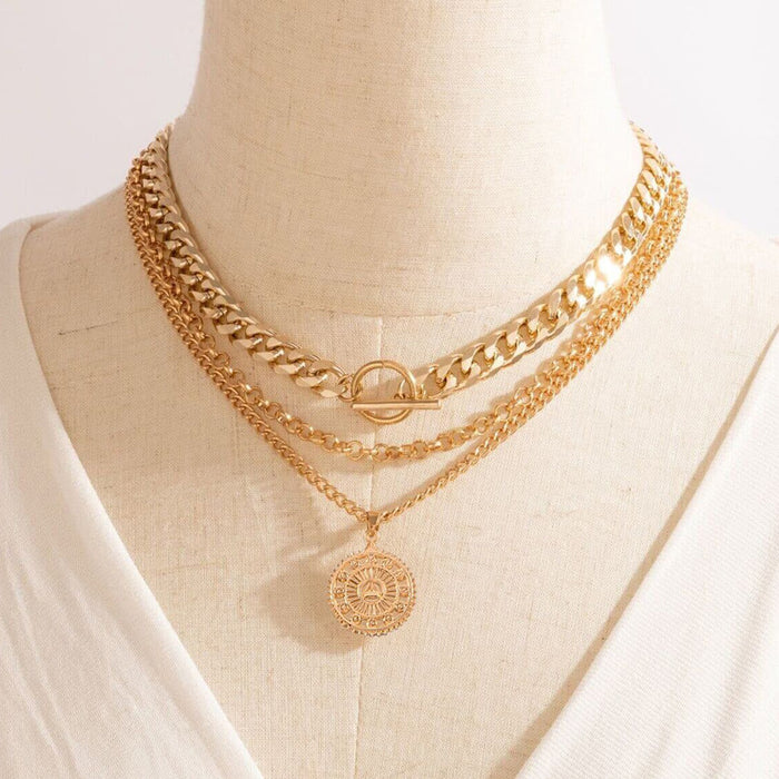 Heavy Metal Pendant Multi-Layer Necklace with Geometric Chain and Head Design