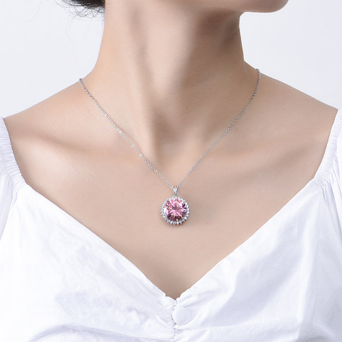 Micro-inlaid pink diamond pendant platinum necklace cross-border