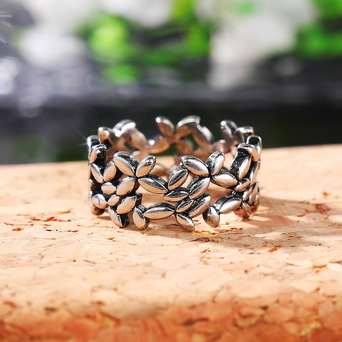 Vintage hollow petal olive branch ring olive leaf imitation Thai silver ring