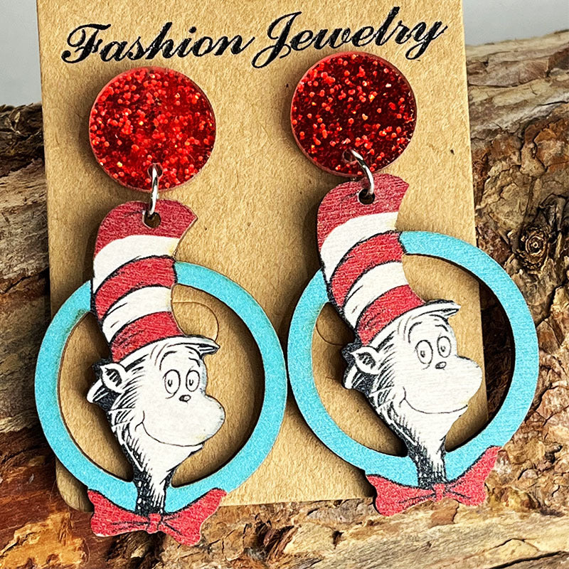 Wooden cartoon old man earrings