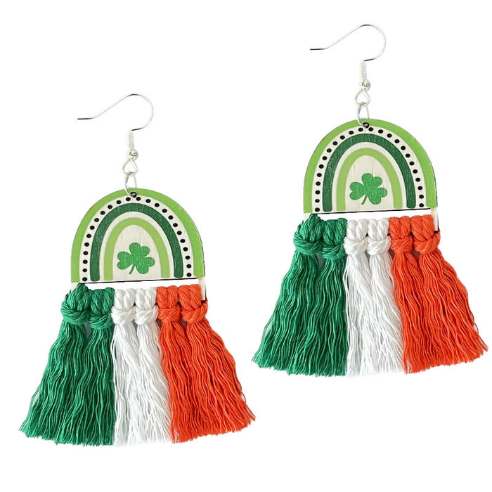 St. Patrick's Day Tassel Earrings with Rainbow and Clover Design