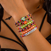 Wholesale Halloween Stackable Polymer Clay Bracelet Sets - Spooky Pumpkin, Ghost & Skull Spelled Beaded Stretch Bracelets - wallojewerly 