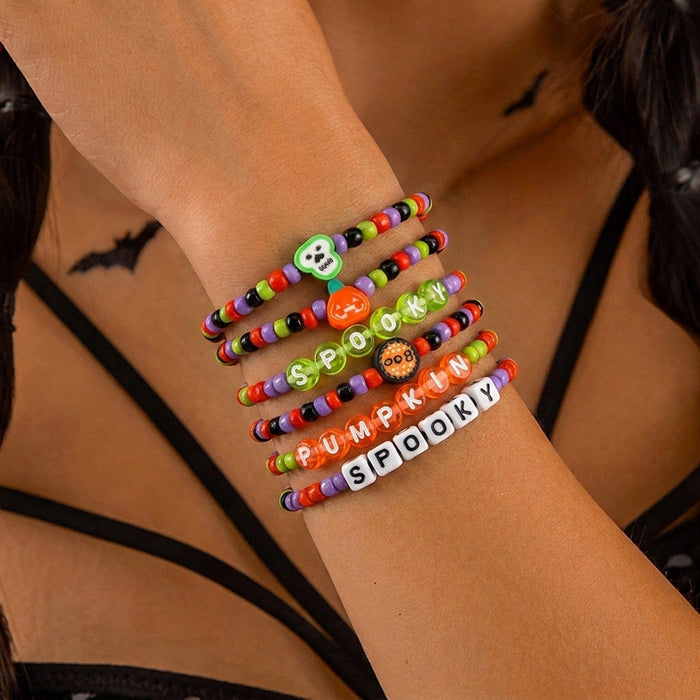 Wholesale Halloween Stackable Polymer Clay Bracelet Sets - Spooky Pumpkin, Ghost & Skull Spelled Beaded Stretch Bracelets