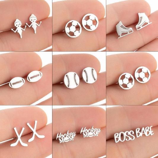 Sports series earrings, small spring and summer new stainless steel baseball football earrings spot wholesale