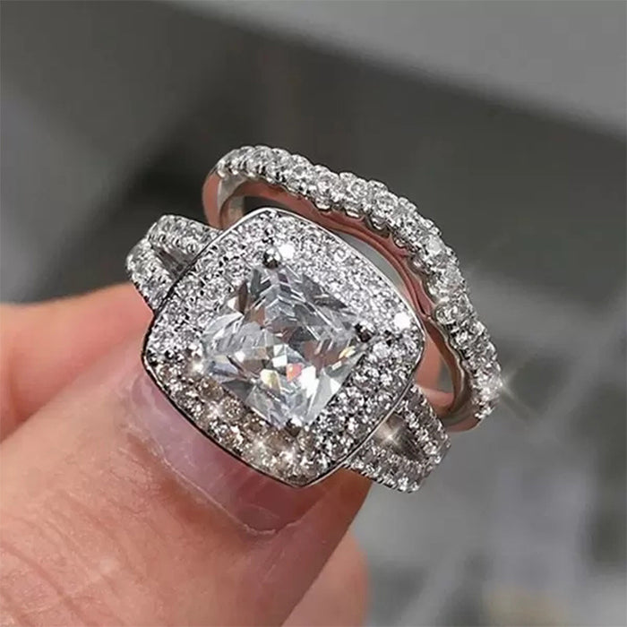 Exquisito anillo de dos piezas con diamantes cuadrados y circón, regalo de aniversario de boda