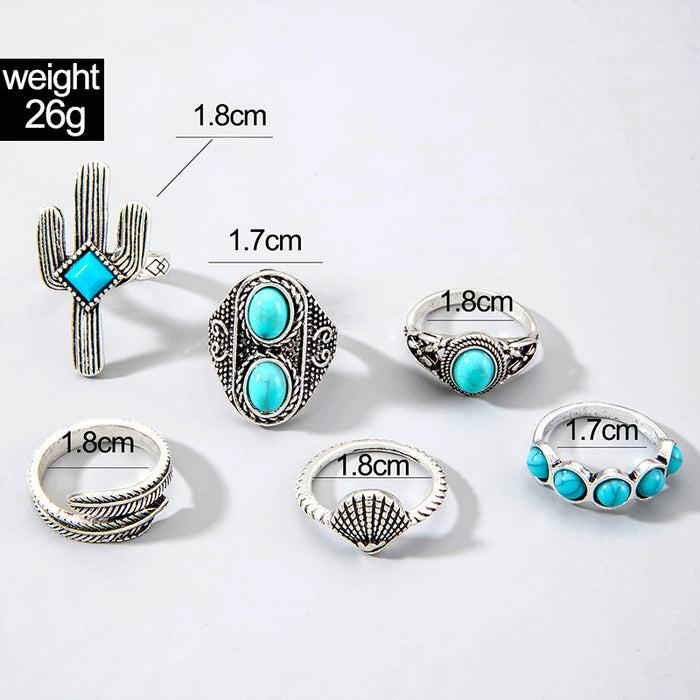 Bohemian Ring Set - 6pcs Vintage Flower Turquoise Rings