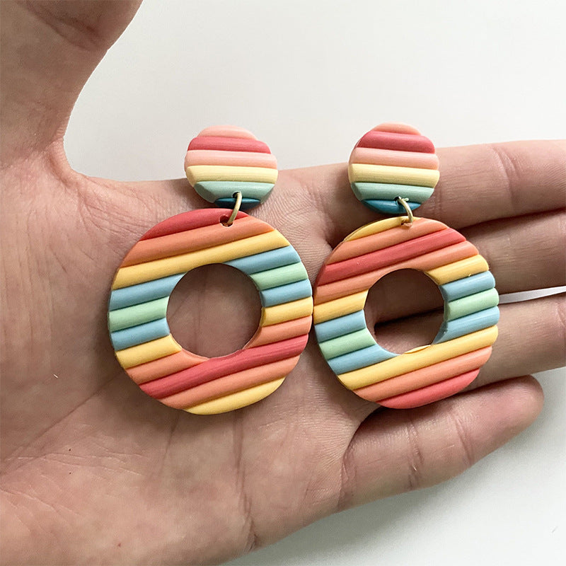 Handmade Rainbow Stripe Clay Earrings - Multicolor Geometric Hoop Design