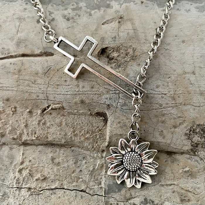 Western Cowboy Necklace with Vintage Sunflower, Cross, and Cactus - Bold and Unique