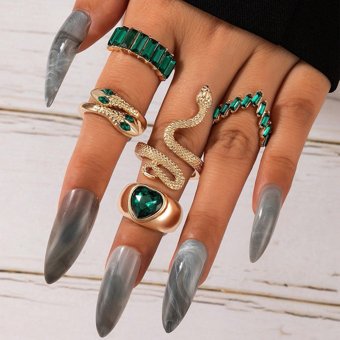 Emerald Gemstone Heart Ring Set - 5pcs Snake Rings