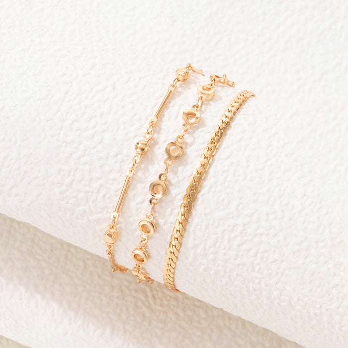 Round Hollow Triple Layer Anklet with Geometric Bead Multi-Layer Chain