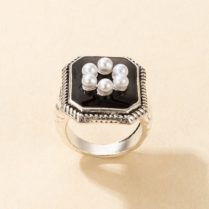 French court style black glaze pearl flower ring