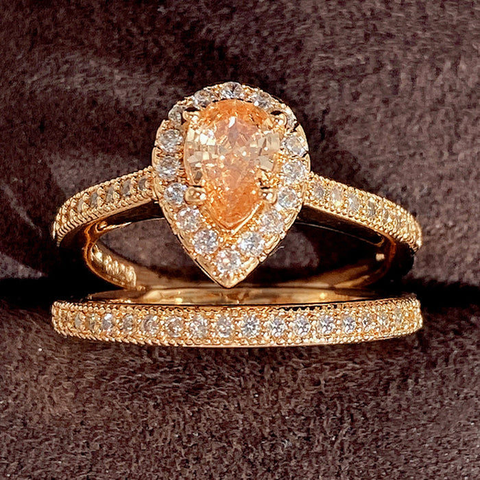 Champagne gold ring set with micro-inlaid water drop zircon combination female ring