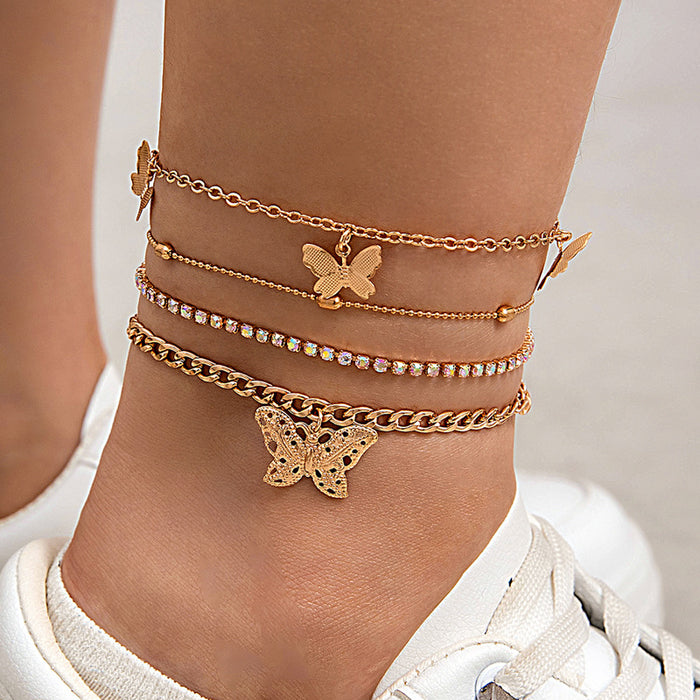 Stylish Heart Pendant Anklet Set – Layered Chains with Rhinestone Accents