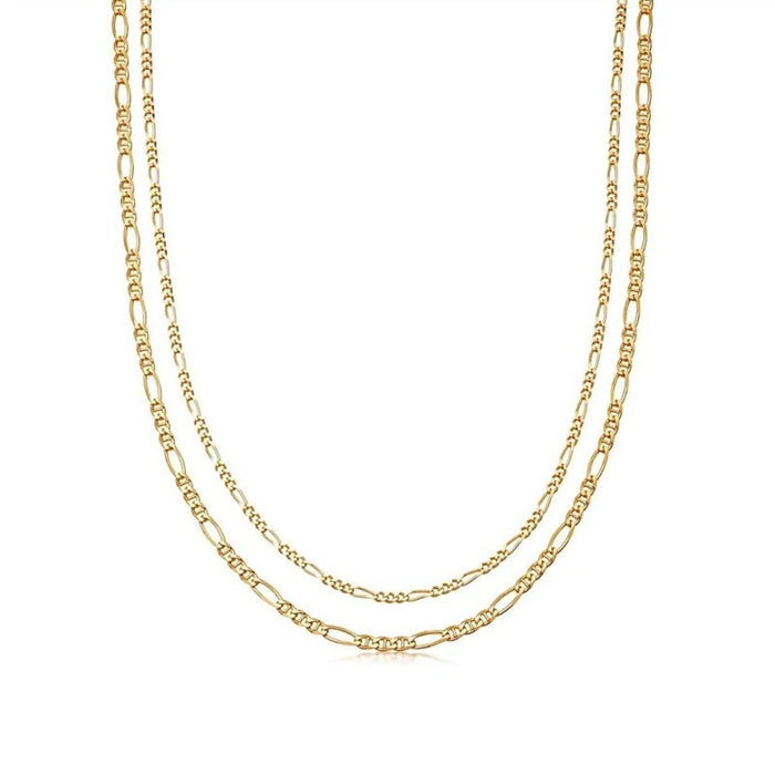 18K Gold-Plated Figaro Chain Necklace with Double Layers - Women's Fashion Jewelry