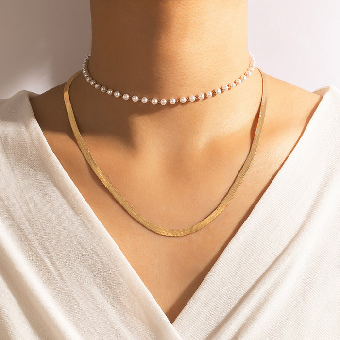 Pearl Beaded Multilayer Necklace - Geometric Snake Bone Chain Set