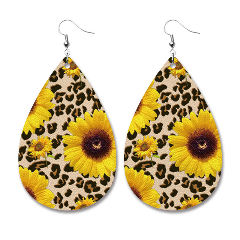 PU Leather Teardrop Earrings with Buffalo Plaid and Sunflower Print