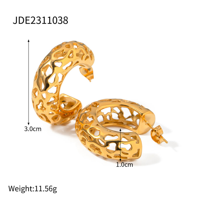 New 18K Gold Stainless Steel Hollow C-Shaped Earrings - Stylish Unique Women's Gift Jewelry