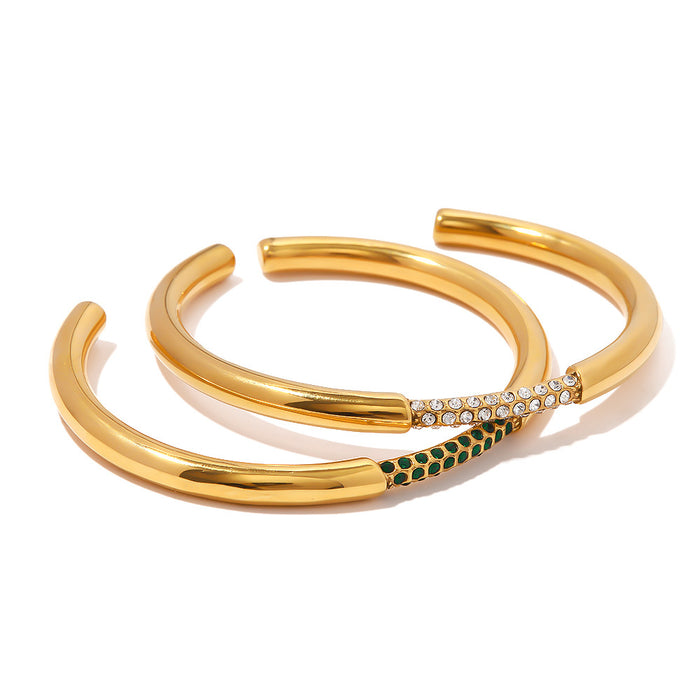 Trending European 18K Gold Plated Green Zircon Open Bracelet - Vacuum Plated Stainless Steel Jewelry