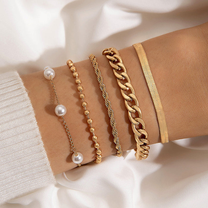 Fashionable Metal Multilayer Pearl Bracelet Set - INS-Inspired Jewelry