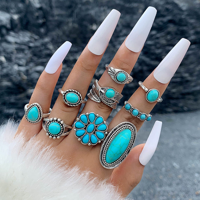 Vintage Turquoise Ring Set - 9pcs Exaggerated Oval Cactus Rings