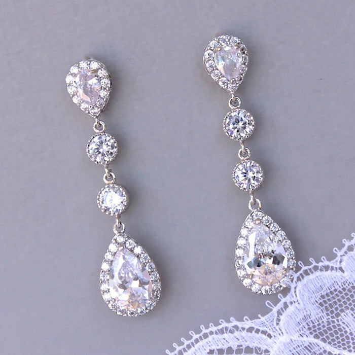 Super shiny long teardrop bridal earrings