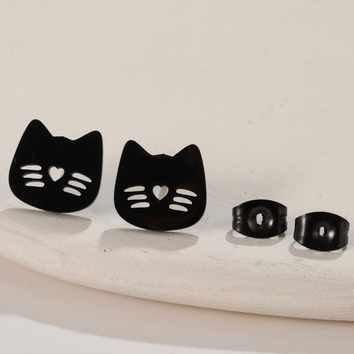 Cat and Heart Hollow Stainless Steel Stud Earrings - Cute and Playful Animal Jewelry