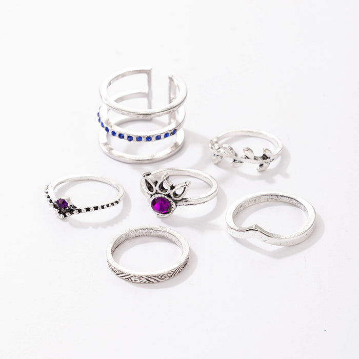 Blue and purple diamond leaf ring six-piece set geometric hollow ring combination