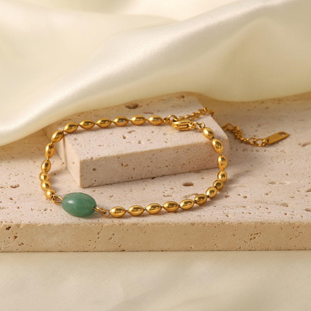 18K Gold-Plated Stainless Steel Bracelet with Green Stone Inlay - Women's Fashion Jewelry