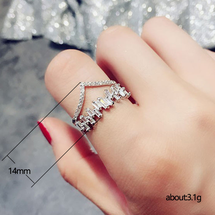 Anillo de corona con microincrustaciones de circonita de doble capa Anillo de dedo índice en forma de V para mujer