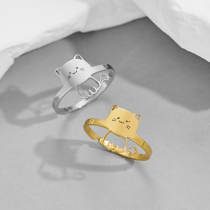 Fashionable cat open ring, stainless steel Japanese cute pet ring wholesale