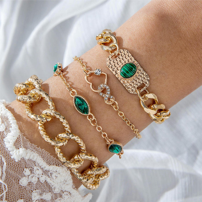 Luxury Faux Emerald Heart Bracelet Set - Creative Snake Butterfly Open Cuff Jewelry