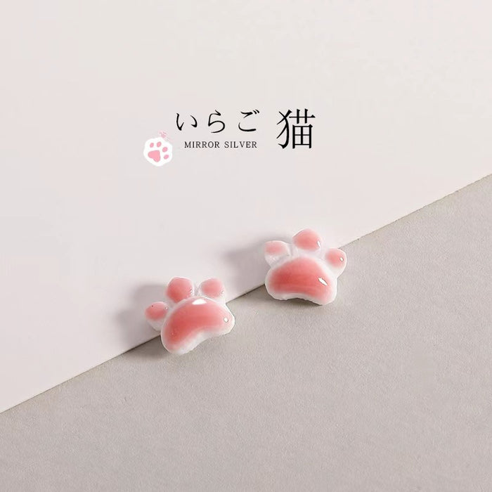 Pink cat claw ceramic earrings simple sweet style girls two-piece set