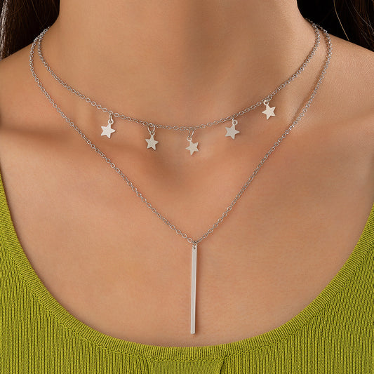 Double Layered Star and Bar Pendant Necklace - Trendy Geometric Jewelry