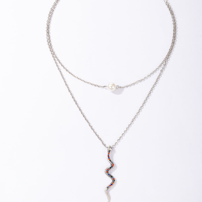 Punk Metal Style Two-Layer Necklace with Ins Cool Pearl Clavicle Chain and Colorful Diamond Snake Pendant