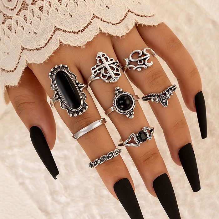 Fashionable and personalized black gemstone diamond cross flower alloy ring eight-piece set