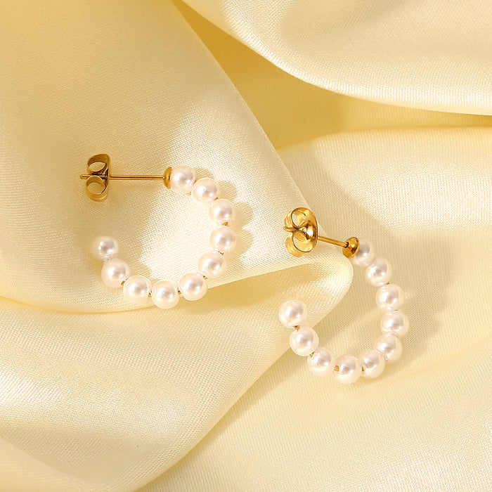 French Style 18K Gold Plated Stainless Steel Pearl Hoop Earrings - Trendy Elegant Jewelry