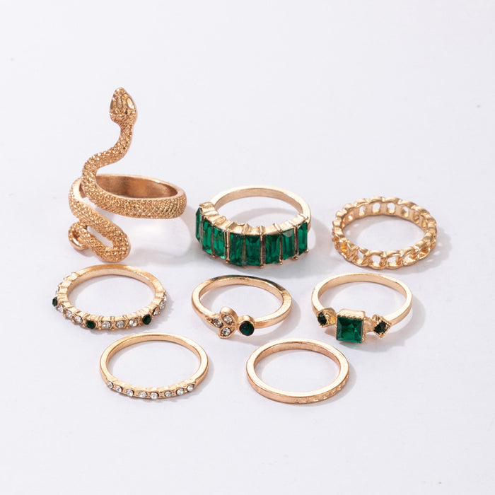 Snake-shaped green diamond ring eight-piece set geometric animal light luxury combination