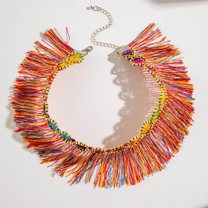 Bohemian Colorful Tassel Necklace with Fabric Straps