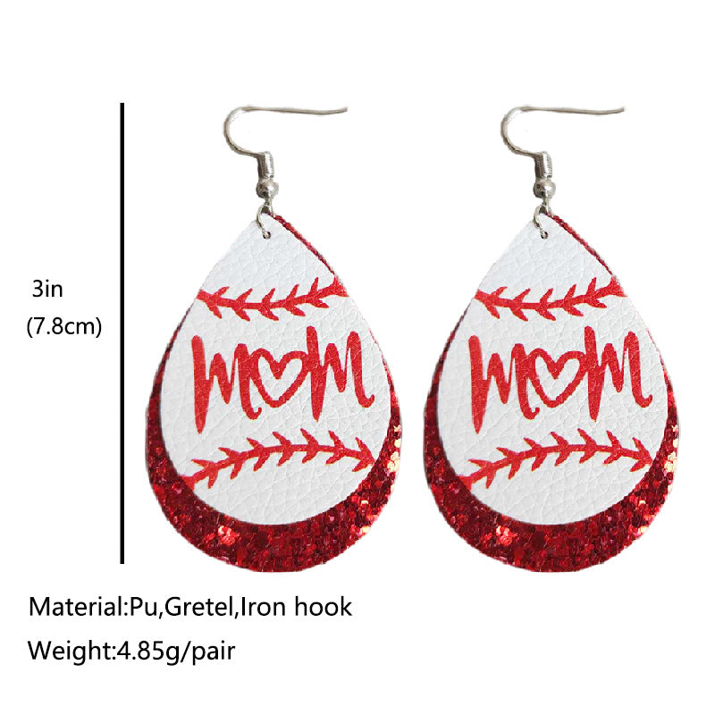 Heart Letter Baseball Mom Leather Earrings for Mother's Day Gift