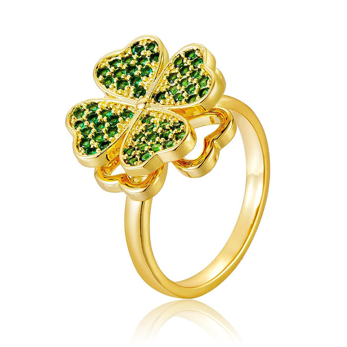 Wholesale copper micro-set zircon green diamond heart four-leaf clover rotating open ring