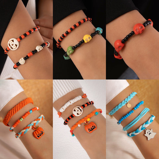 Juego de pulseras de cuentas con forma de calabaza de Halloween: pulsera de cuentas con forma de calavera oscura