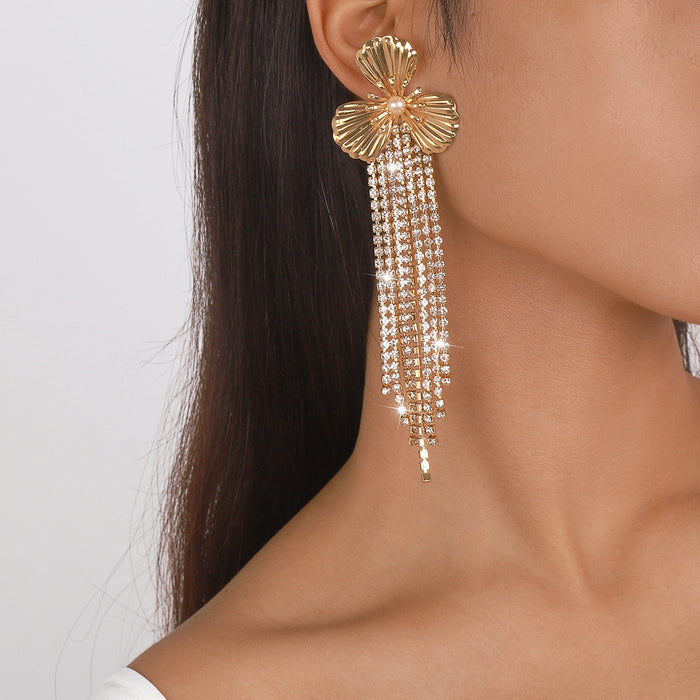 Exaggerated Floral Rhinestone Earrings - Metal Tassel Jewelry for a Bold Look