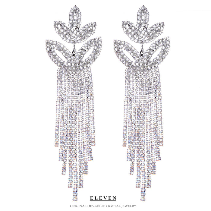 Leaf-Shaped Rhinestone Earrings - Sparkling Tassel Jewelry for a Sophisticated Look