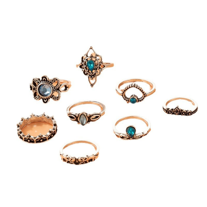 Blue Heart Ring Set - 8-Piece Vintage Hollow Flower Rings