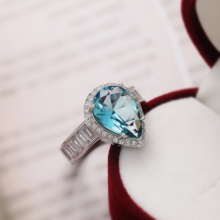 Sea blue teardrop engagement ring internet celebrity diamond female ring